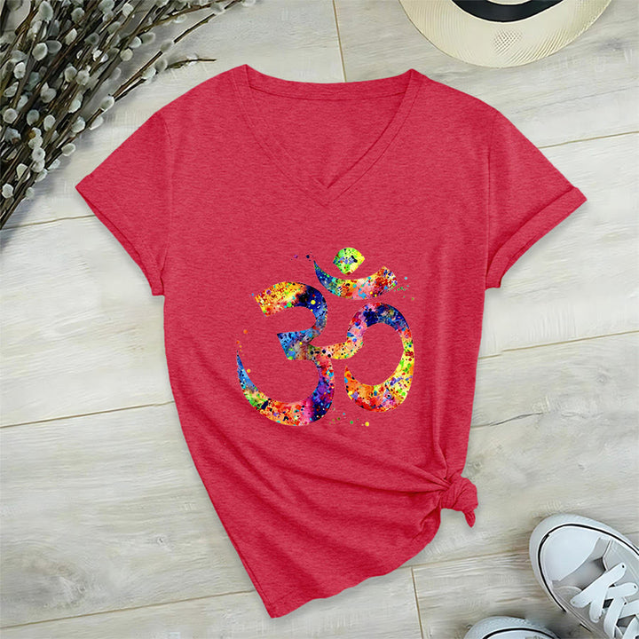 Olivenorma Splatter Art Om Symbol Watercolor Design V-Neck T-Shirt - image 29