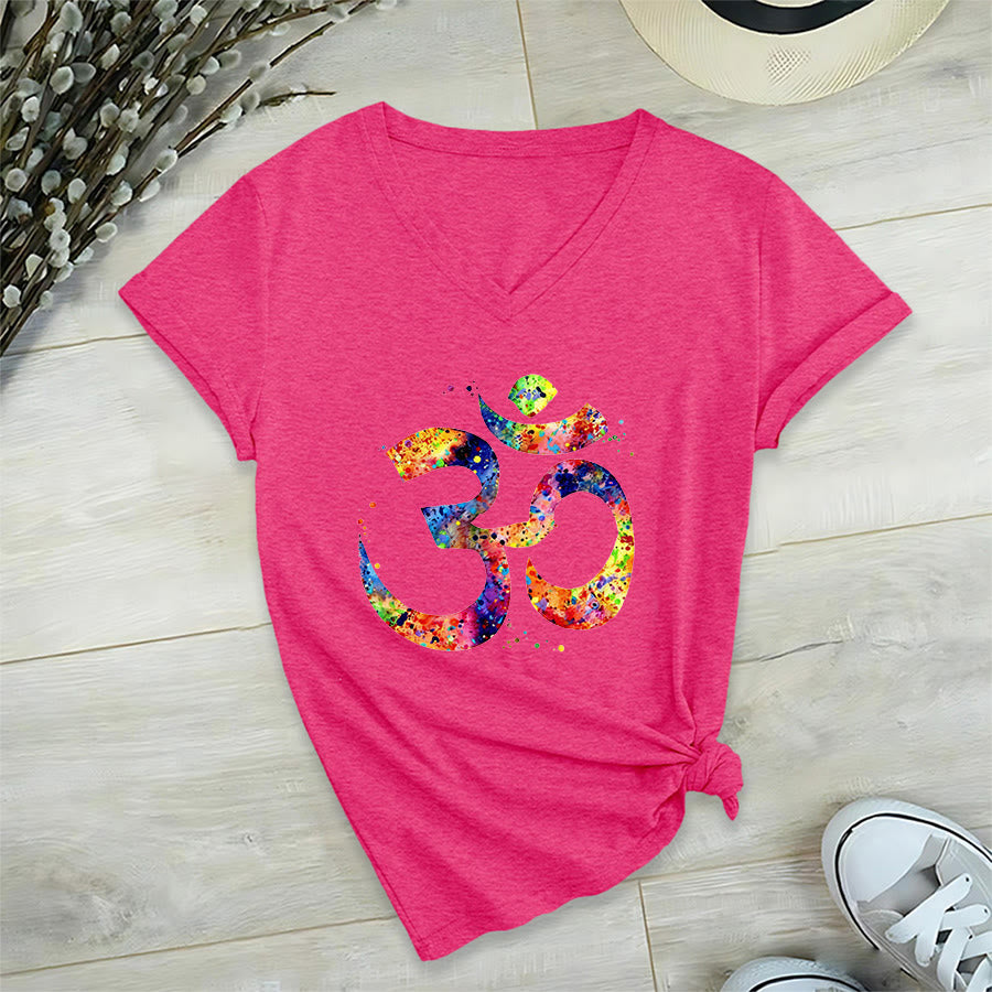 Olivenorma Splatter Art Om Symbol Watercolor Design V-Neck T-Shirt - image 35