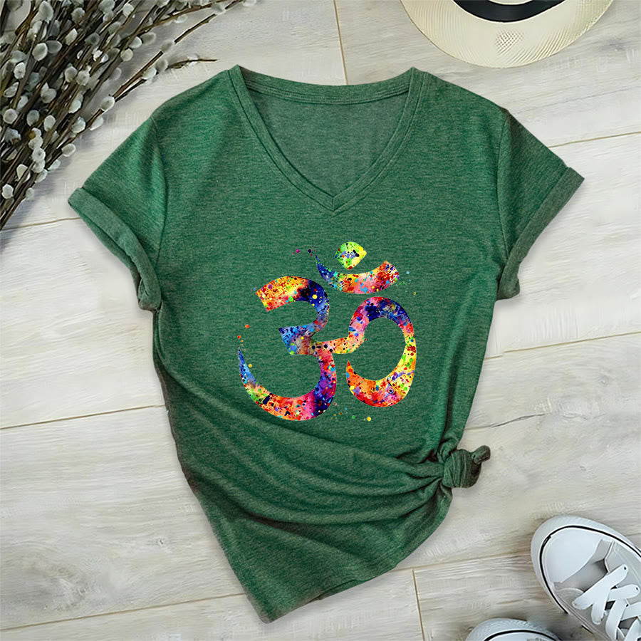 Olivenorma Splatter Art Om Symbol Watercolor Design V-Neck T-Shirt - image 23