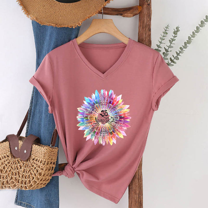 Olivenorma Zen Inspired Mandala Om Namaste V-Neck T-Shirt - Pink - 2XL - image 6
