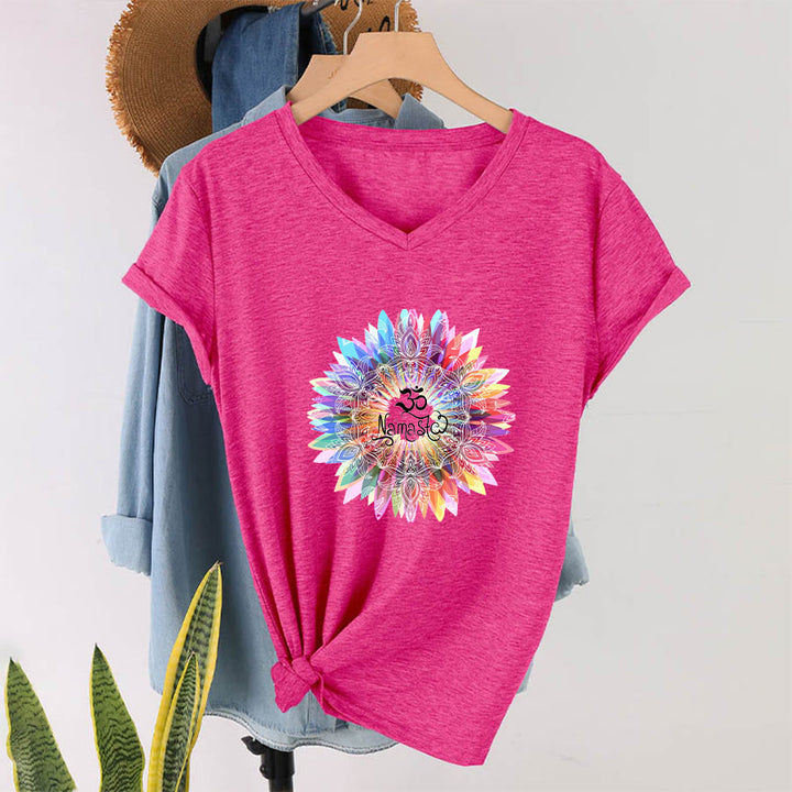 Olivenorma Zen Inspired Mandala Om Namaste V-Neck T-Shirt - Rose Red - 2XL - image 33