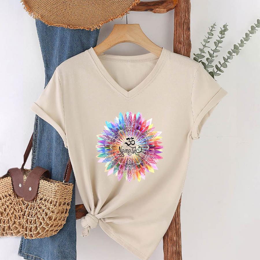 Olivenorma Zen Inspired Mandala Om Namaste V-Neck T-Shirt - Khaki - 2XL - image 3