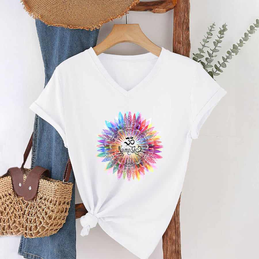 Olivenorma Zen Inspired Mandala Om Namaste V-Neck T-Shirt - White - 2XL - image 0