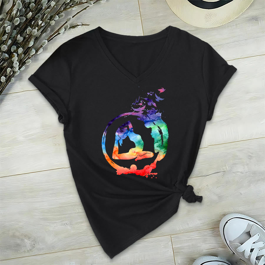 Olivenorma Watercolor Yoga Pose Silhouette With Birds Print V-Neck T-Shirt - Black - 2XL - image 12