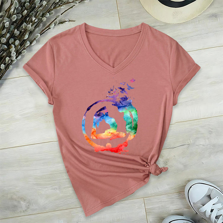 Olivenorma Watercolor Yoga Pose Silhouette With Birds Print V-Neck T-Shirt - Pink - 2XL - image 6