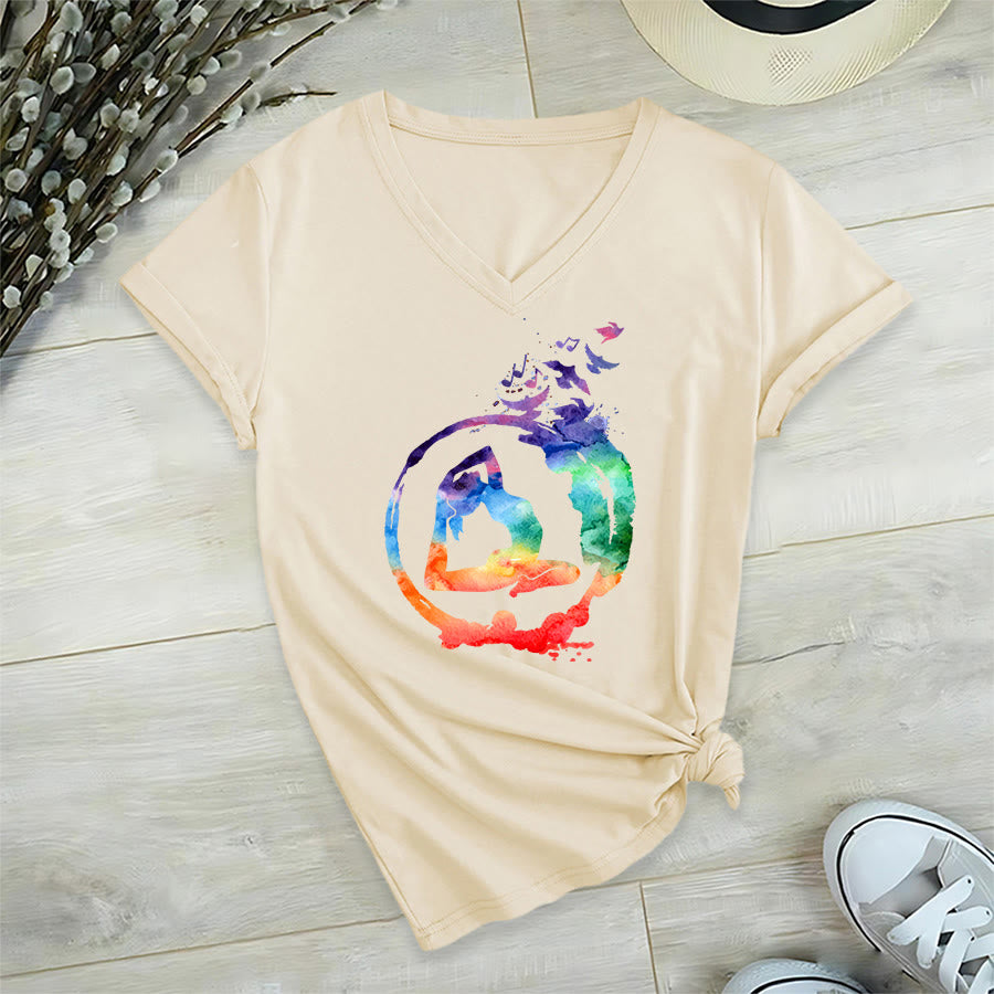 Olivenorma Watercolor Yoga Pose Silhouette With Birds Print V-Neck T-Shirt - Khaki - 2XL - image 3