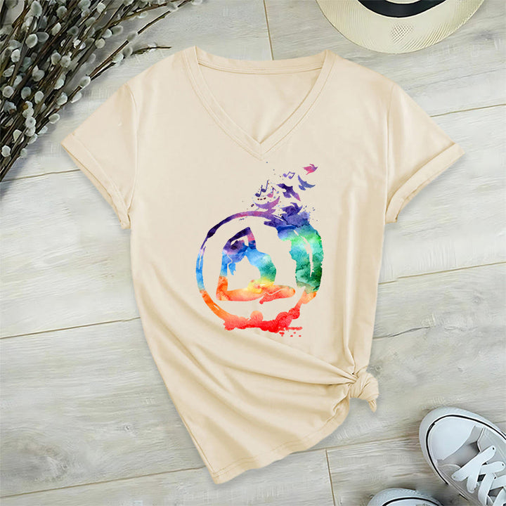 Olivenorma Watercolor Yoga Pose Silhouette With Birds Print V-Neck T-Shirt - Khaki - 2XL - image 3
