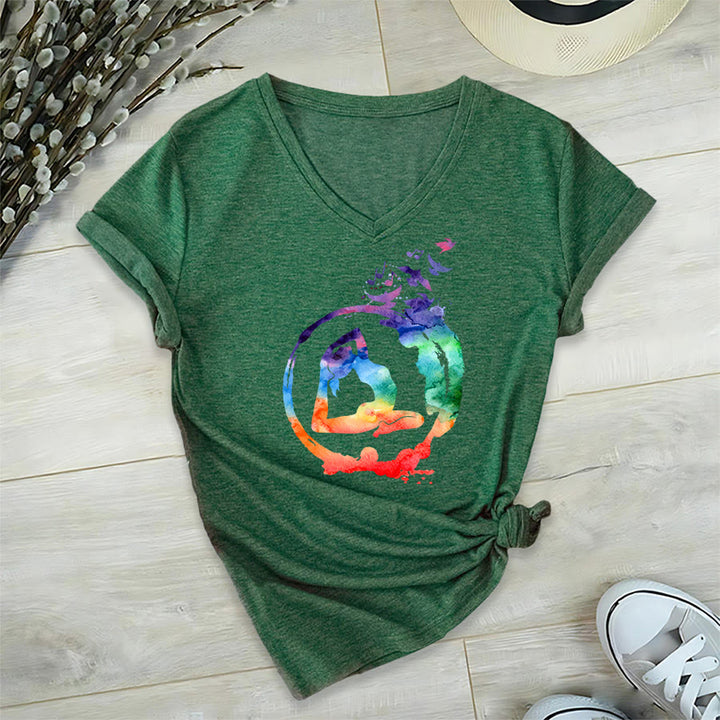Olivenorma Watercolor Yoga Pose Silhouette With Birds Print V-Neck T-Shirt - Dark Green - 2XL - image 21