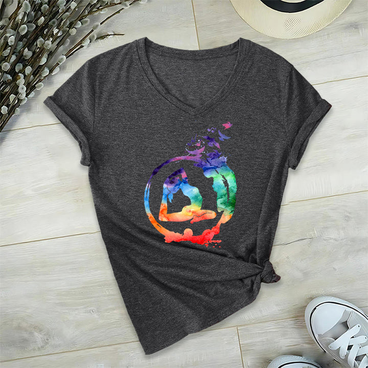 Olivenorma Watercolor Yoga Pose Silhouette With Birds Print V-Neck T-Shirt - Gray - 2XL - image 15