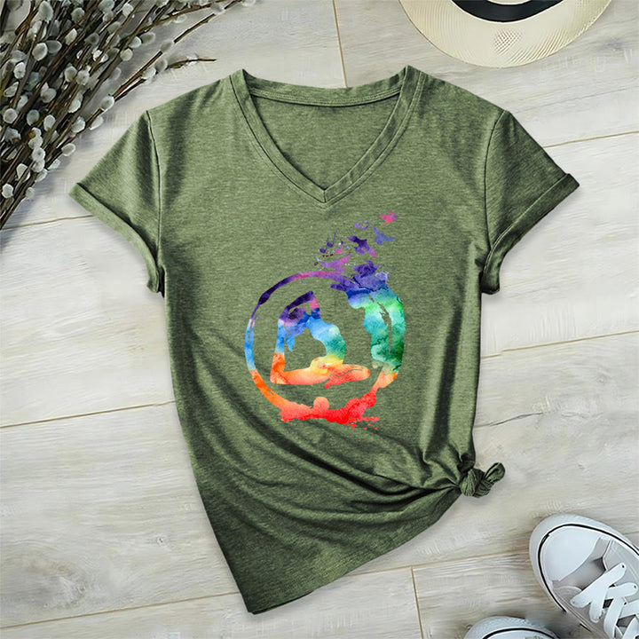 Olivenorma Watercolor Yoga Pose Silhouette With Birds Print V-Neck T-Shirt - Olive Green - 2XL - image 24