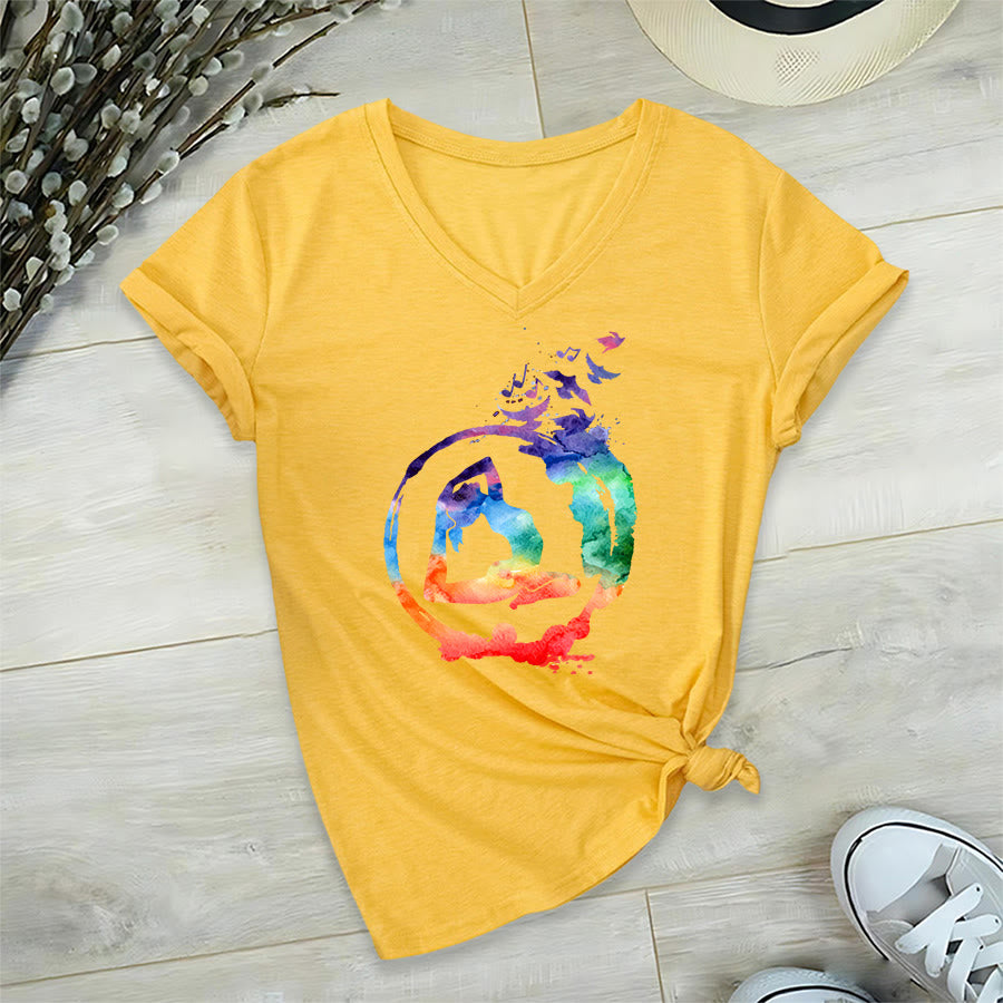 Olivenorma Watercolor Yoga Pose Silhouette With Birds Print V-Neck T-Shirt - Yellow - 2XL - image 30