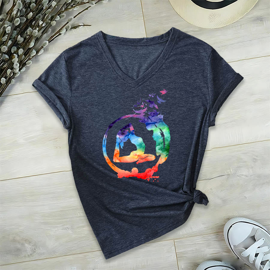 Olivenorma Watercolor Yoga Pose Silhouette With Birds Print V-Neck T-Shirt - Navy Blue - 2XL - image 0