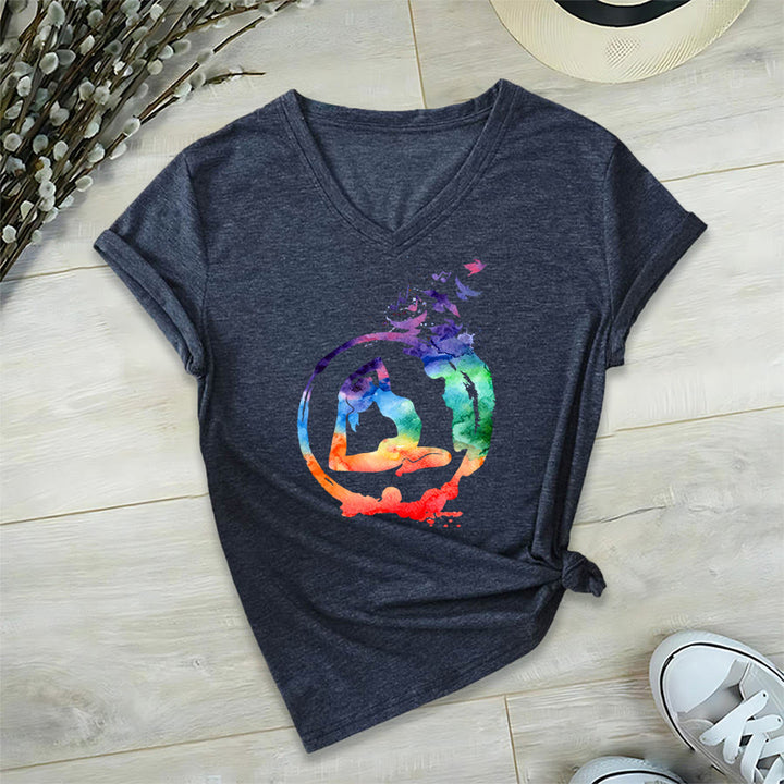 Olivenorma Watercolor Yoga Pose Silhouette With Birds Print V-Neck T-Shirt - Navy Blue - 2XL - image 0
