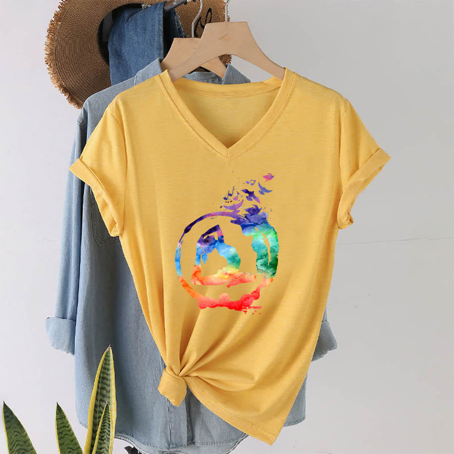 Olivenorma Watercolor Yoga Pose Silhouette With Birds Print V-Neck T-Shirt - image 31