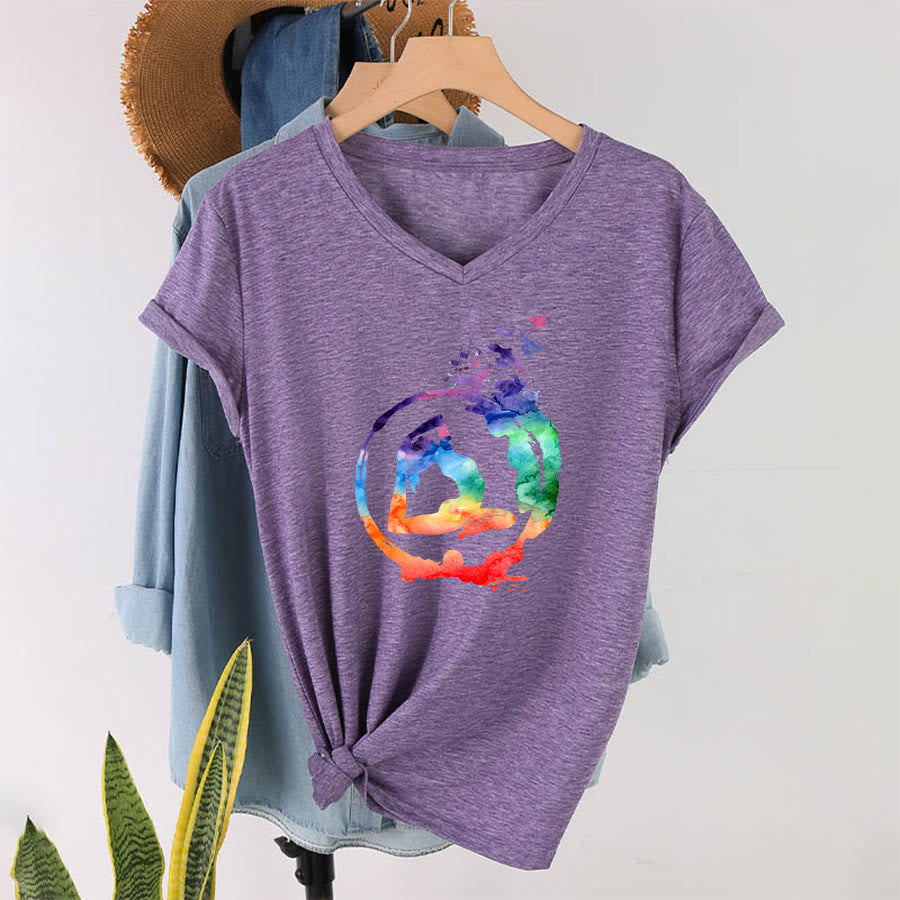 Olivenorma Watercolor Yoga Pose Silhouette With Birds Print V-Neck T-Shirt - image 37