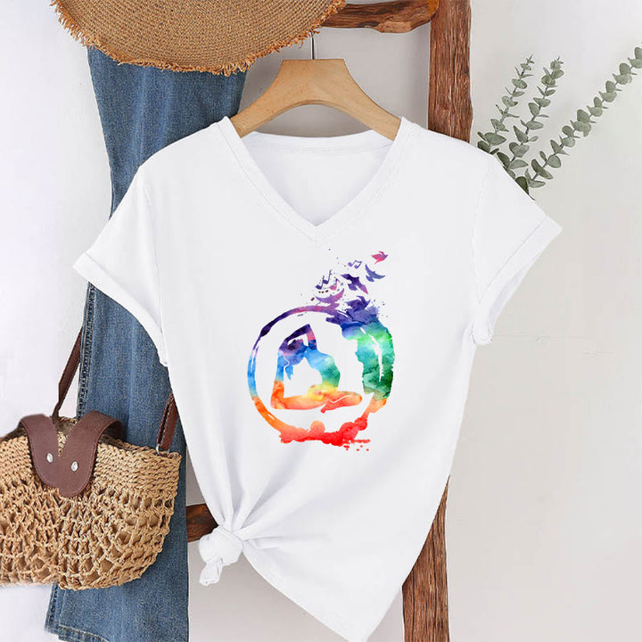 Olivenorma Watercolor Yoga Pose Silhouette With Birds Print V-Neck T-Shirt - image 19