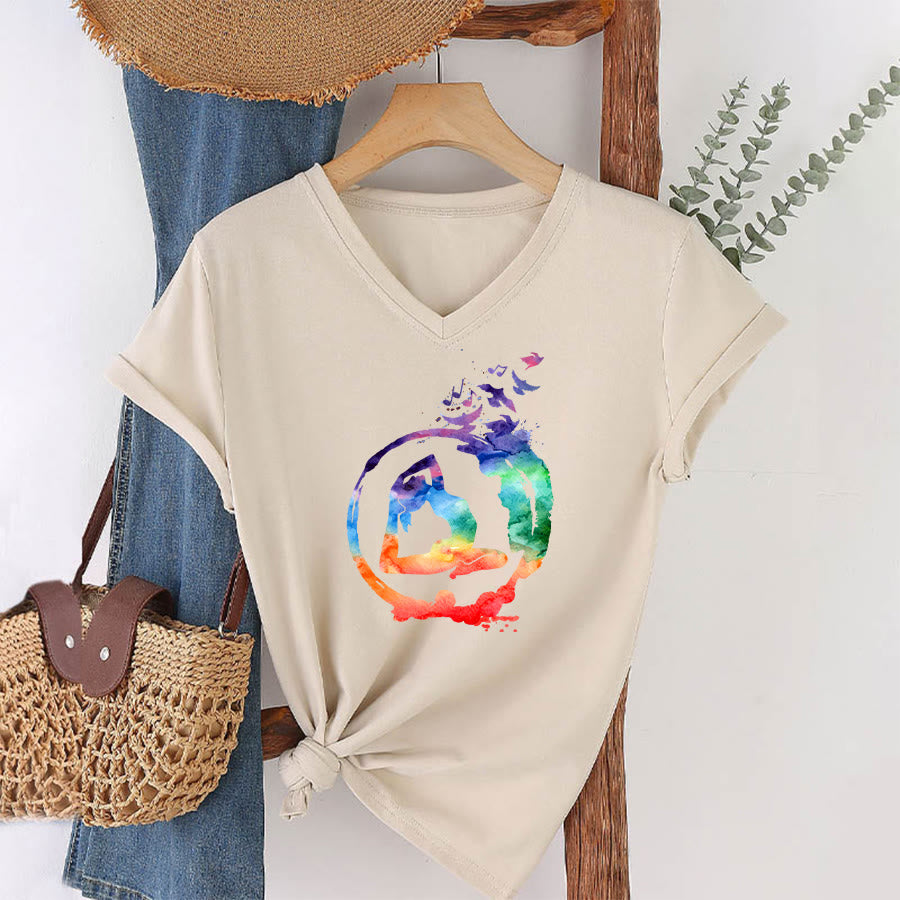 Olivenorma Watercolor Yoga Pose Silhouette With Birds Print V-Neck T-Shirt - image 4