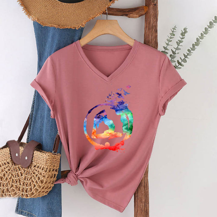 Olivenorma Watercolor Yoga Pose Silhouette With Birds Print V-Neck T-Shirt - image 7