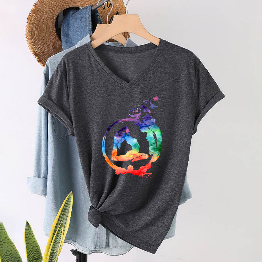 Olivenorma Watercolor Yoga Pose Silhouette With Birds Print V-Neck T-Shirt - image 16
