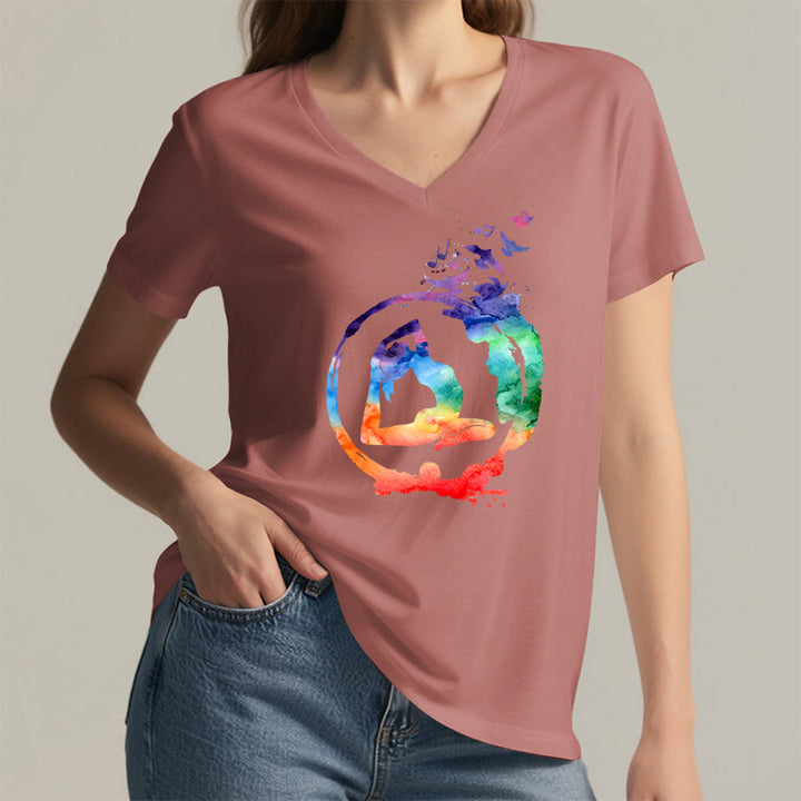 Olivenorma Watercolor Yoga Pose Silhouette With Birds Print V-Neck T-Shirt - image 8