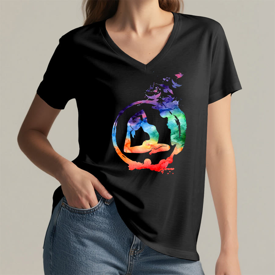 Olivenorma Watercolor Yoga Pose Silhouette With Birds Print V-Neck T-Shirt - image 14