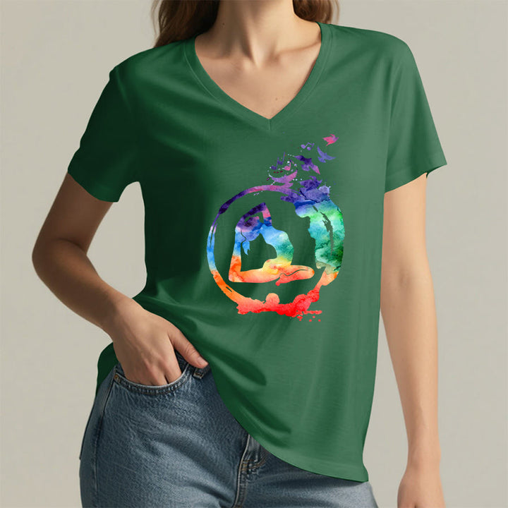 Olivenorma Watercolor Yoga Pose Silhouette With Birds Print V-Neck T-Shirt - image 23