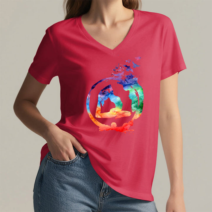 Olivenorma Watercolor Yoga Pose Silhouette With Birds Print V-Neck T-Shirt - image 29