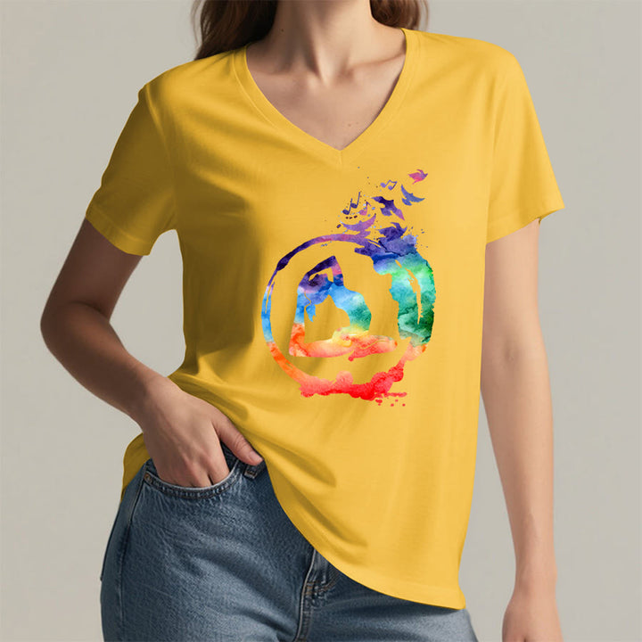 Olivenorma Watercolor Yoga Pose Silhouette With Birds Print V-Neck T-Shirt - image 32