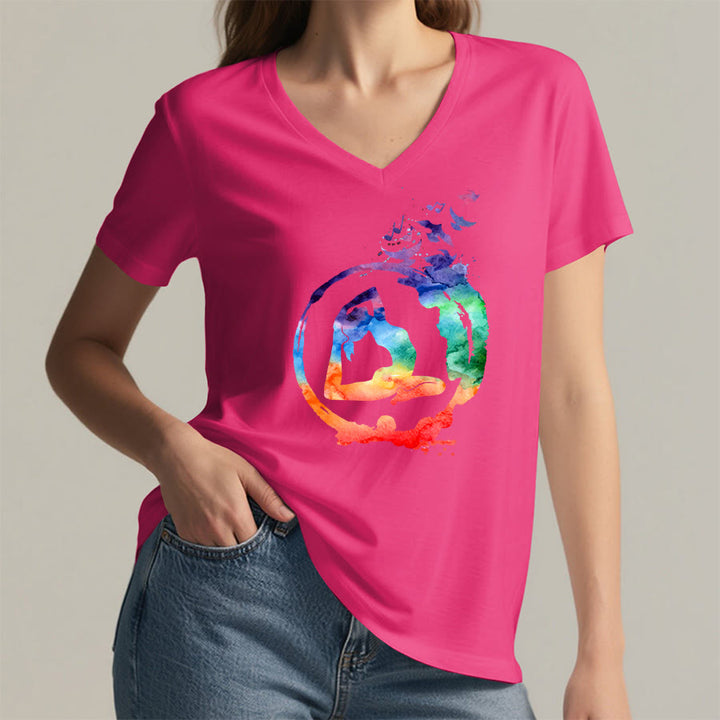 Olivenorma Watercolor Yoga Pose Silhouette With Birds Print V-Neck T-Shirt - image 35