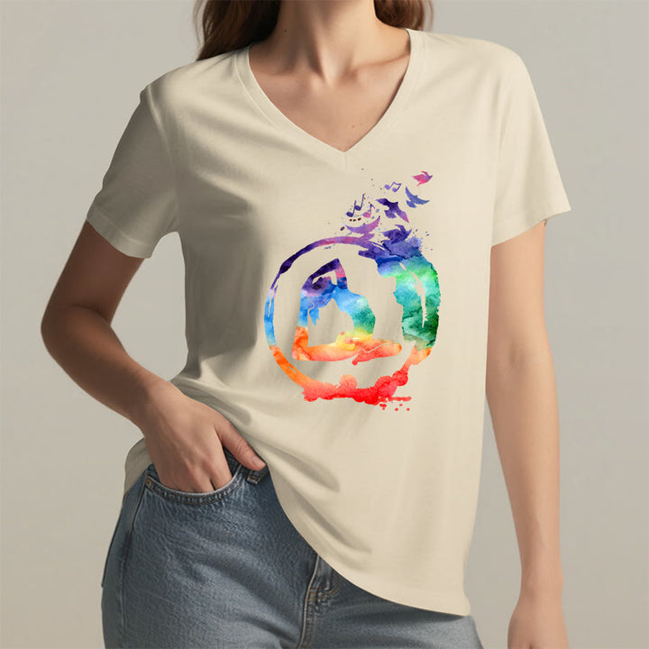 Olivenorma Watercolor Yoga Pose Silhouette With Birds Print V-Neck T-Shirt - image 5