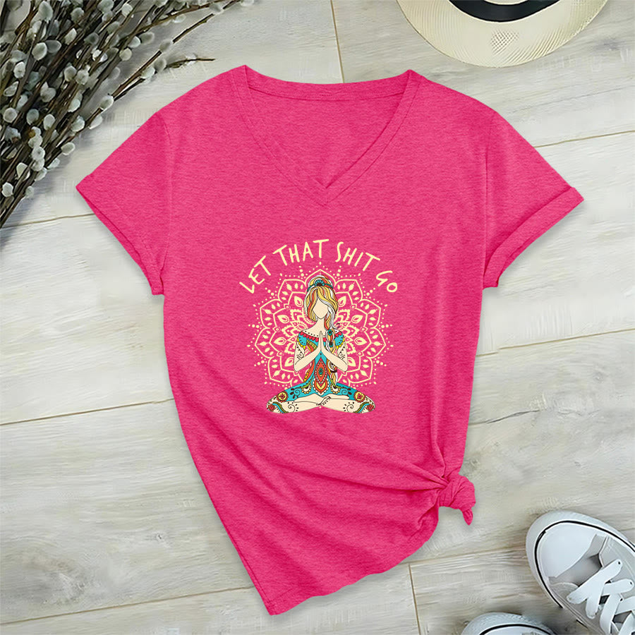 Olivenorma Yoga Themed Meditating Woman Mandala V-Neck T-Shirt - Rose Red - 2XL - image 33