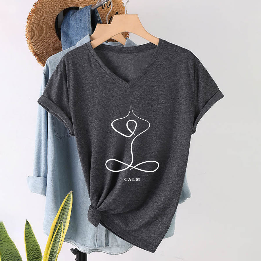 Olivenorma Minimalist Yoga Pose Calm & Breath Graphic V-Neck T-Shirt - CALM - Gray - 2XL - image 30