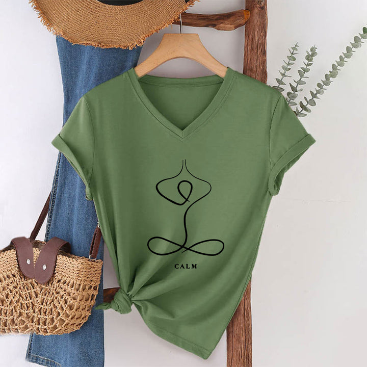 Olivenorma Minimalist Yoga Pose Calm & Breath Graphic V-Neck T-Shirt - CALM - Olive Green - 2XL - image 48