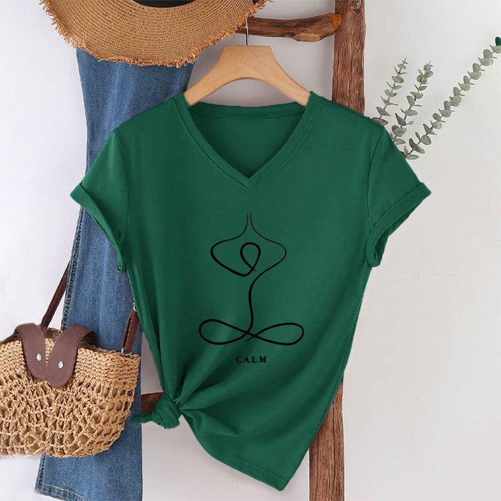 Olivenorma Minimalist Yoga Pose Calm & Breath Graphic V-Neck T-Shirt - CALM - Dark Green - 2XL - image 42