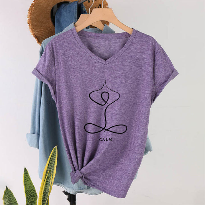 Olivenorma Minimalist Yoga Pose Calm & Breath Graphic V-Neck T-Shirt - CALM - Purple - 2XL - image 72