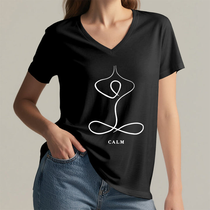 Olivenorma Minimalist Yoga Pose Calm & Breath Graphic V-Neck T-Shirt - image 25