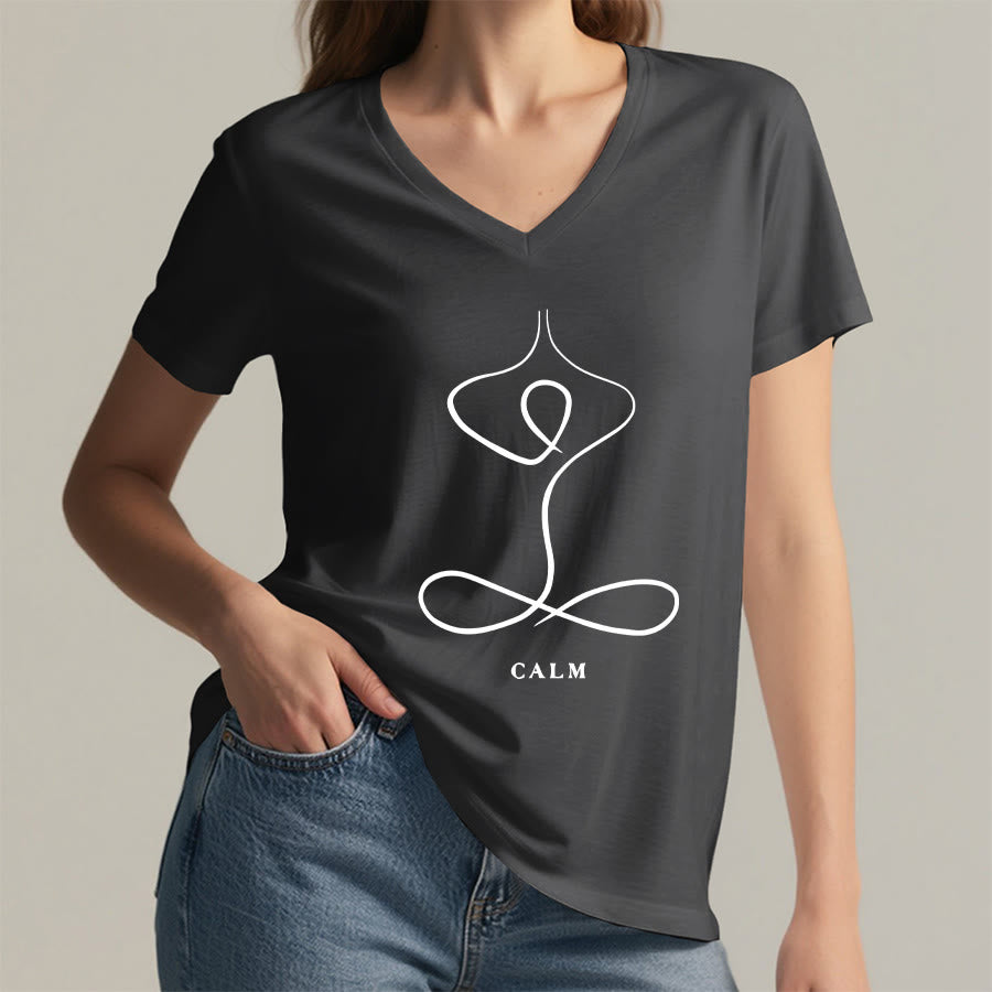 Olivenorma Minimalist Yoga Pose Calm & Breath Graphic V-Neck T-Shirt - image 31