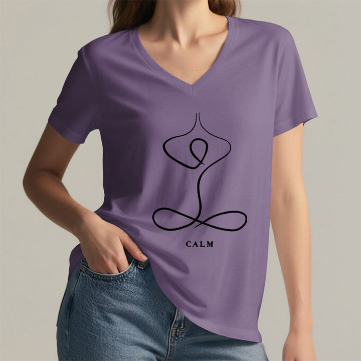 Olivenorma Minimalist Yoga Pose Calm & Breath Graphic V-Neck T-Shirt - image 73