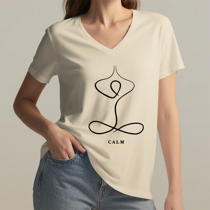 Olivenorma Minimalist Yoga Pose Calm & Breath Graphic V-Neck T-Shirt - image 7
