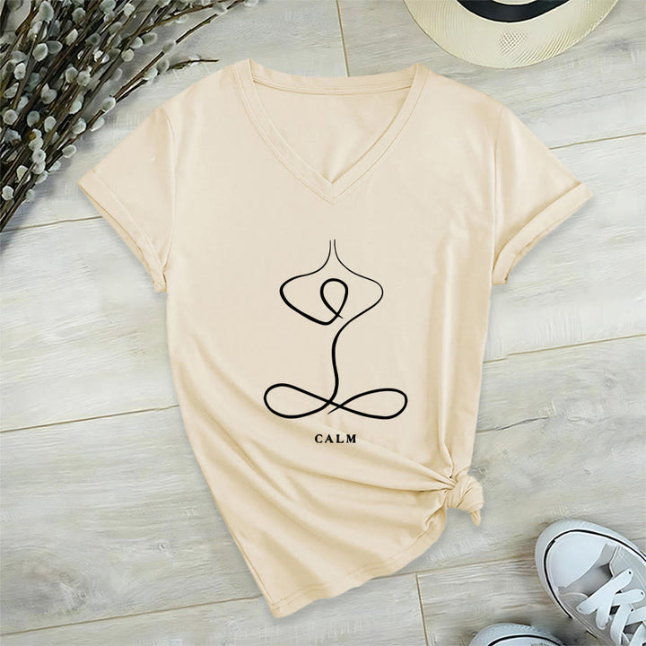 Olivenorma Minimalist Yoga Pose Calm & Breath Graphic V-Neck T-Shirt - image 8