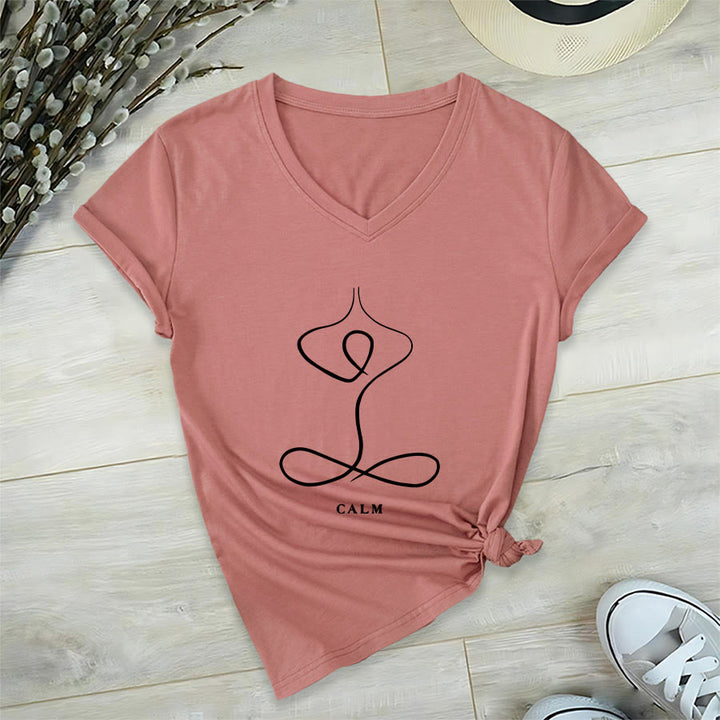 Olivenorma Minimalist Yoga Pose Calm & Breath Graphic V-Neck T-Shirt - image 14