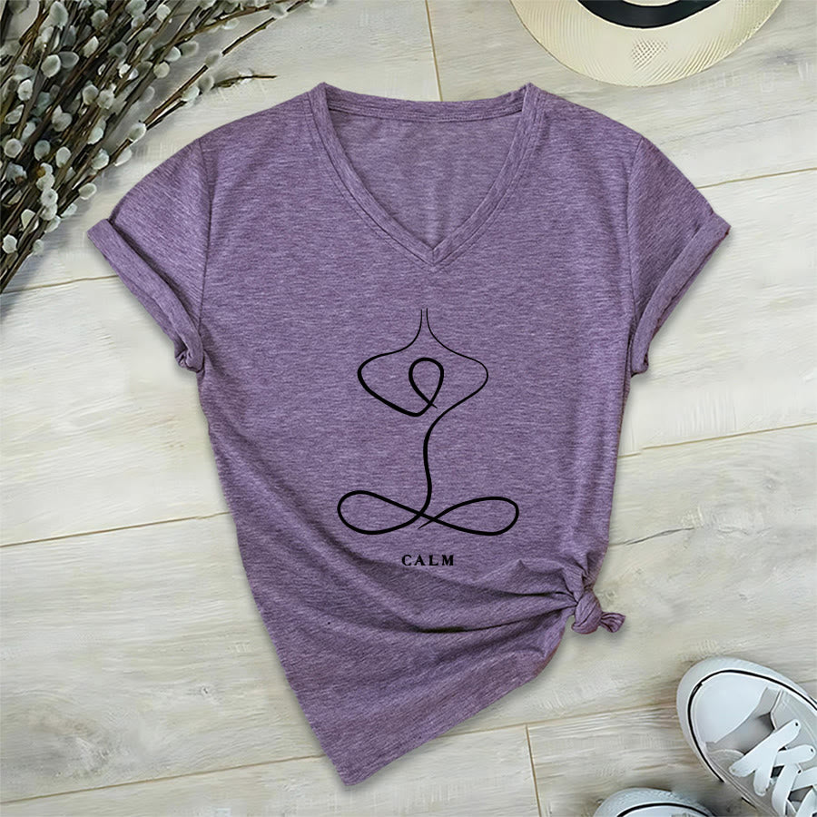 Olivenorma Minimalist Yoga Pose Calm & Breath Graphic V-Neck T-Shirt - image 74