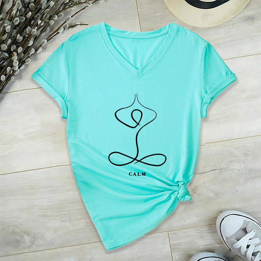 Olivenorma Minimalist Yoga Pose Calm & Breath Graphic V-Neck T-Shirt - image 20