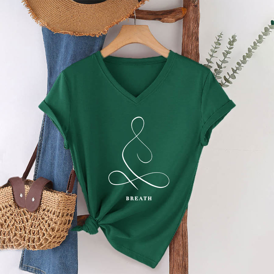 Olivenorma Minimalist Yoga Pose Calm & Breath Graphic V-Neck T-Shirt - BREATH - Dark Green - 2XL - image 45