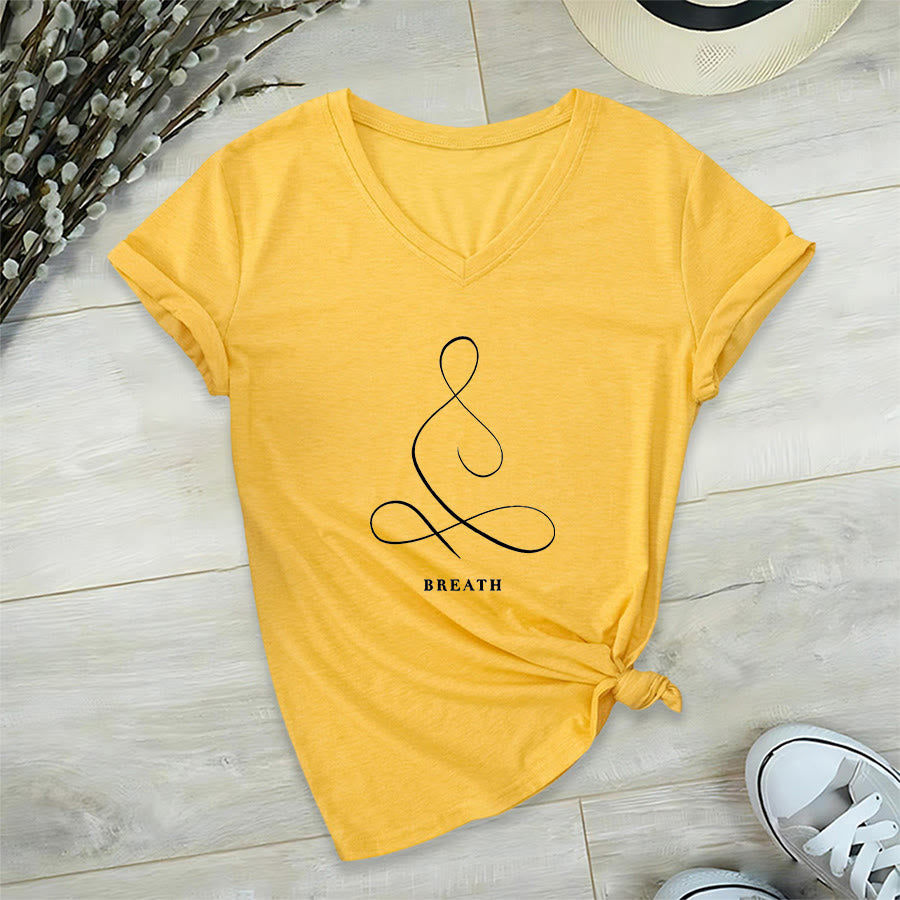 Olivenorma Minimalist Yoga Pose Calm & Breath Graphic V-Neck T-Shirt - image 65