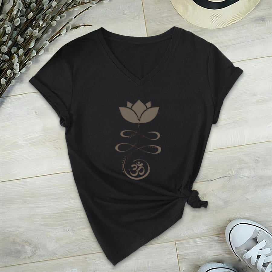 Olivenorma Lotus With Om Symbol Unalome Print Yoga V-Neck T-Shirt - Black - 2XL - image 12