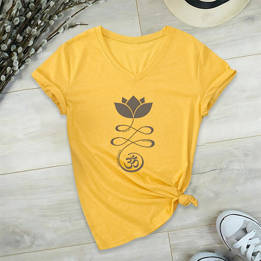 Olivenorma Lotus With Om Symbol Unalome Print Yoga V-Neck T-Shirt - Yellow - 2XL - image 30