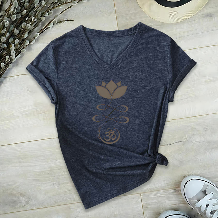 Olivenorma Lotus With Om Symbol Unalome Print Yoga V-Neck T-Shirt - Navy Blue - 2XL - image 21