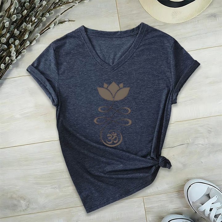 Olivenorma Lotus With Om Symbol Unalome Print Yoga V-Neck T-Shirt - Navy Blue - 2XL - image 21