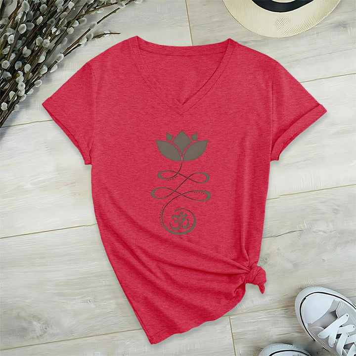 Olivenorma Lotus With Om Symbol Unalome Print Yoga V-Neck T-Shirt - Red - 2XL - image 27